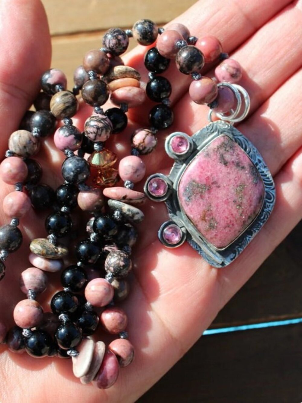 Long Rhodonite Gemstone Necklace with Artisan Pendant